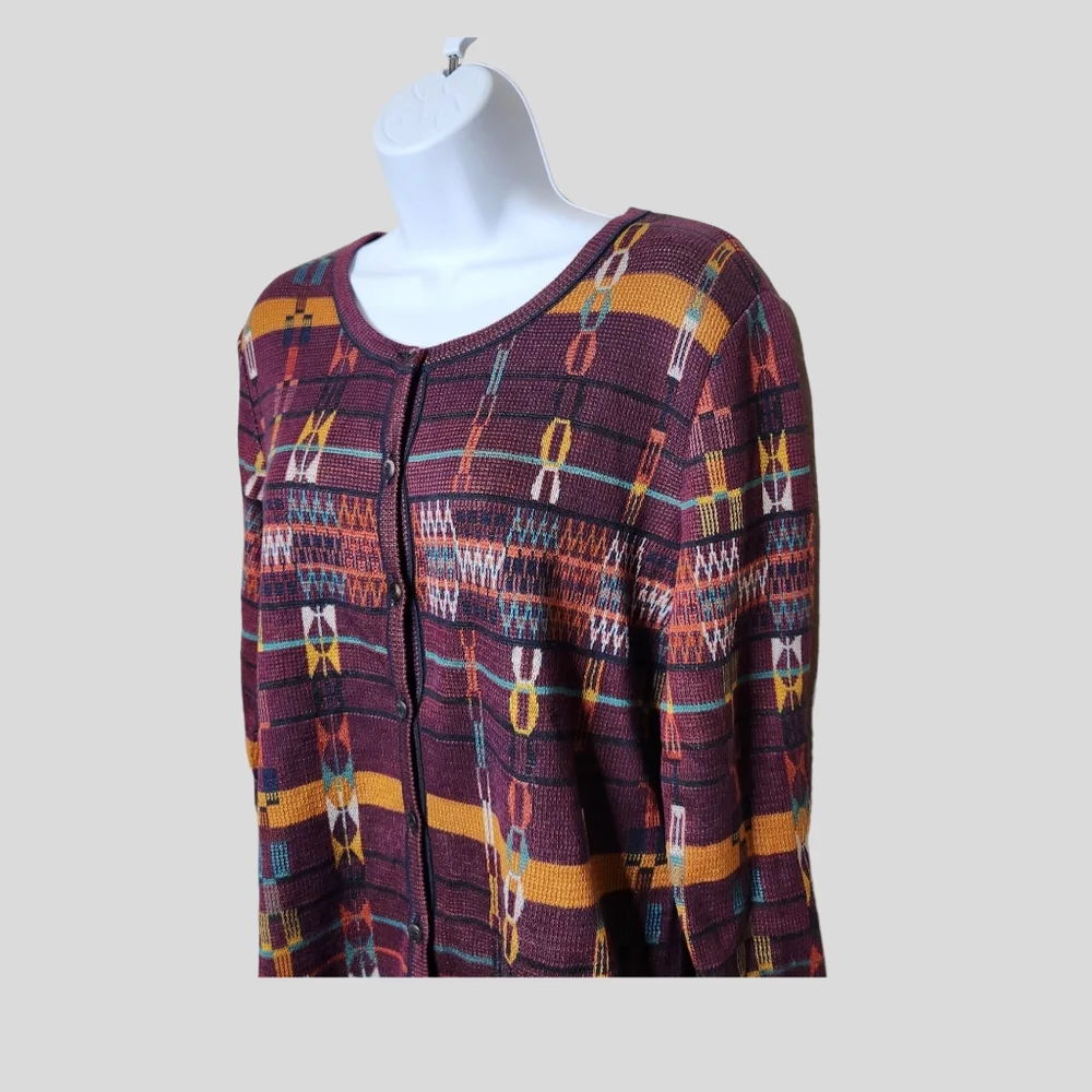 Peruvian Connection Maroon Geometric Print Cardigan - Picture 3 of 7